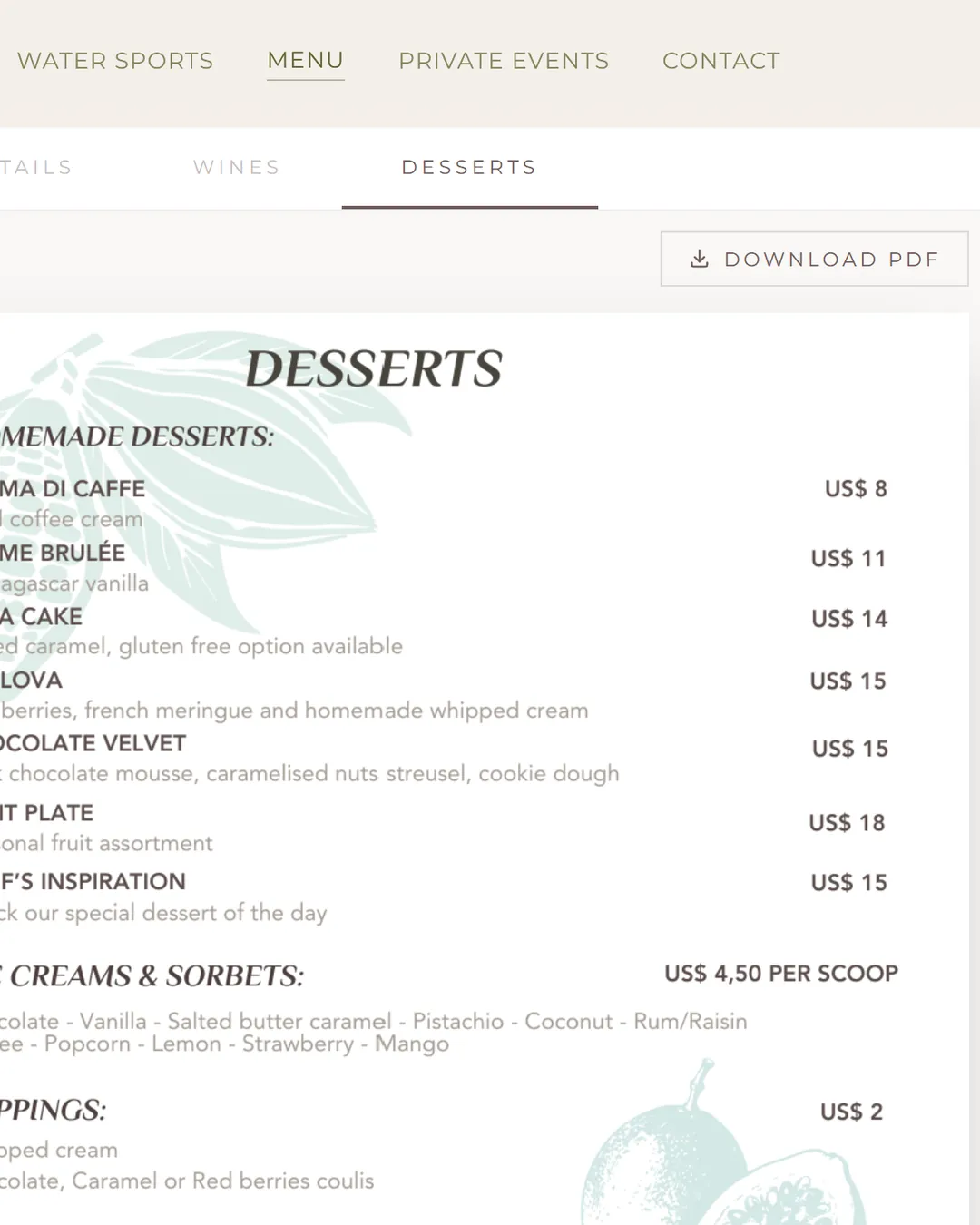 The Kalatua menu viewer, showing tabbed menus with page previews and a PDF download