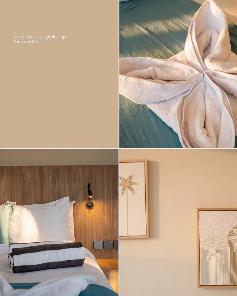 Branded carousel slide, Even the art picks up the palette, featuring styled bedroom and wall art details