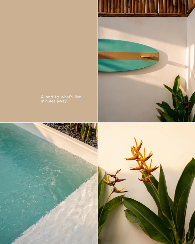 Branded carousel slide, A nod to what's five minutes away, featuring surfboard decor and coastal detail photography