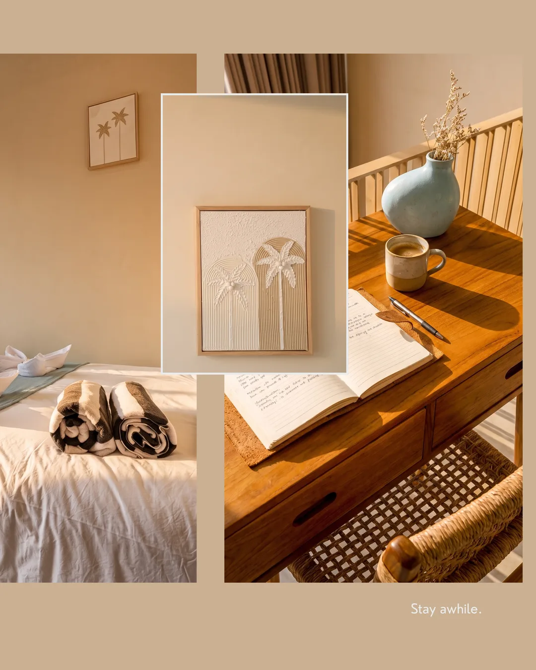 Branded carousel slide, Stay awhile., featuring palm wall art, folded towels and a sunlit writing desk with coffee and journal