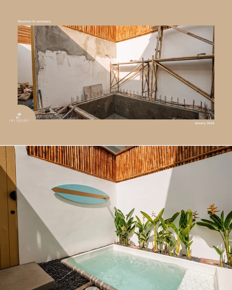 Branded carousel slide, Structure to sanctuary, pairing the pool under construction with the finished pool