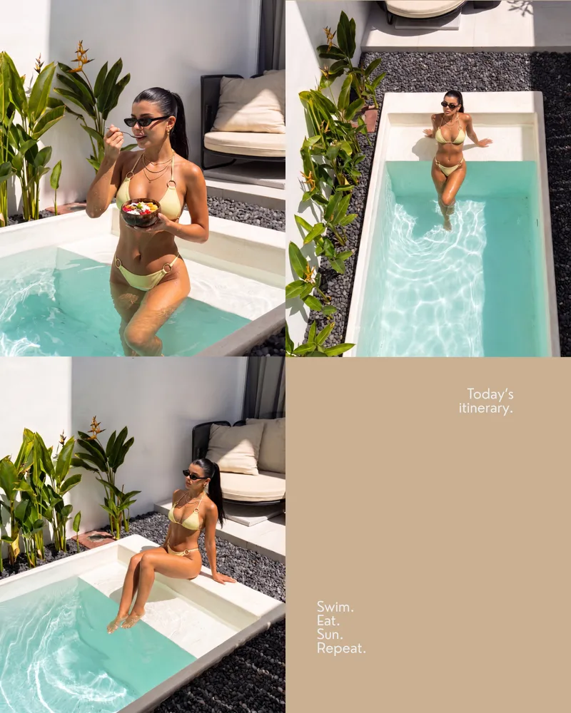 Branded carousel slide, Swim. Eat. Sun. Repeat., featuring poolside lifestyle photography at Villa Mares