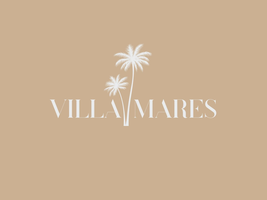 Villa Mares wordmark and palm icon, set on its own soft beige field