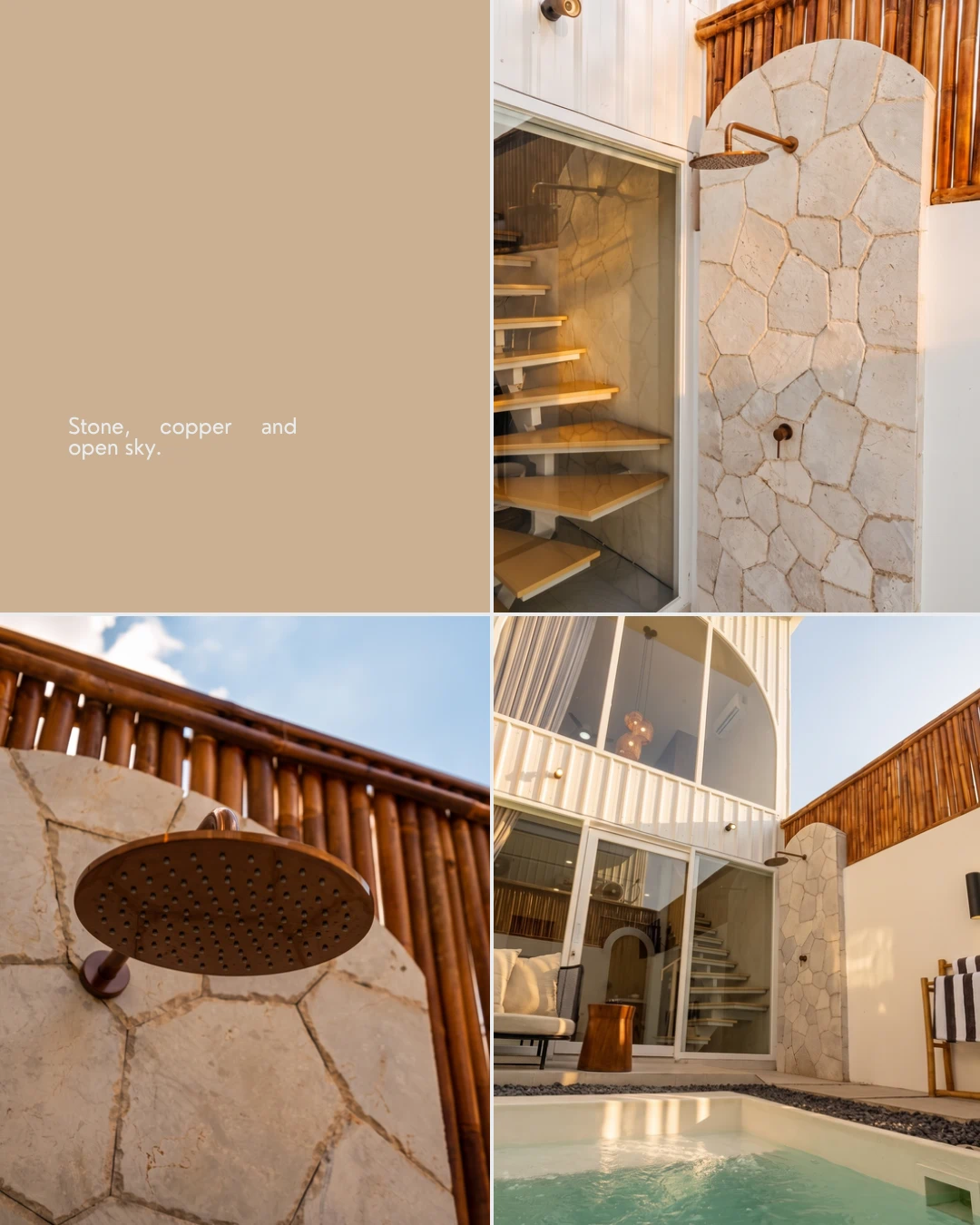 Branded Villa Mares Instagram carousel slide titled Stone, copper and open sky, pairing texture details with the pool courtyard