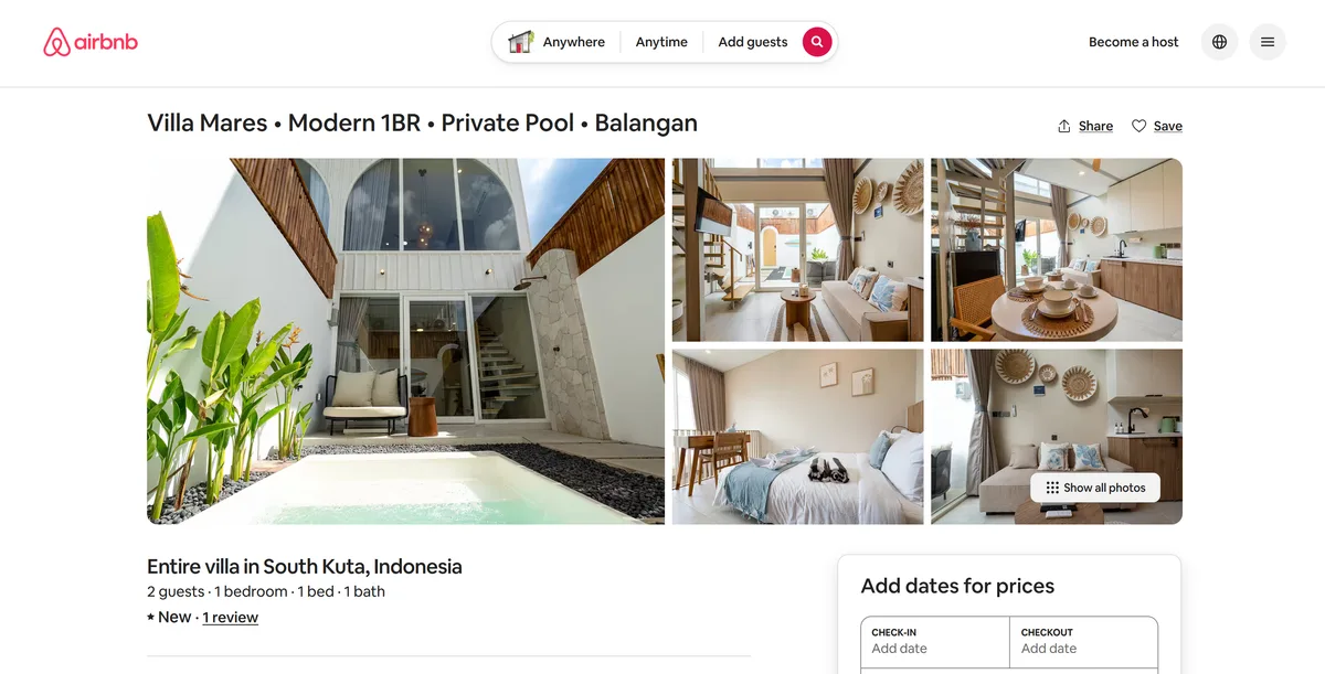 Screenshot of the original Villa Mares Airbnb listing page