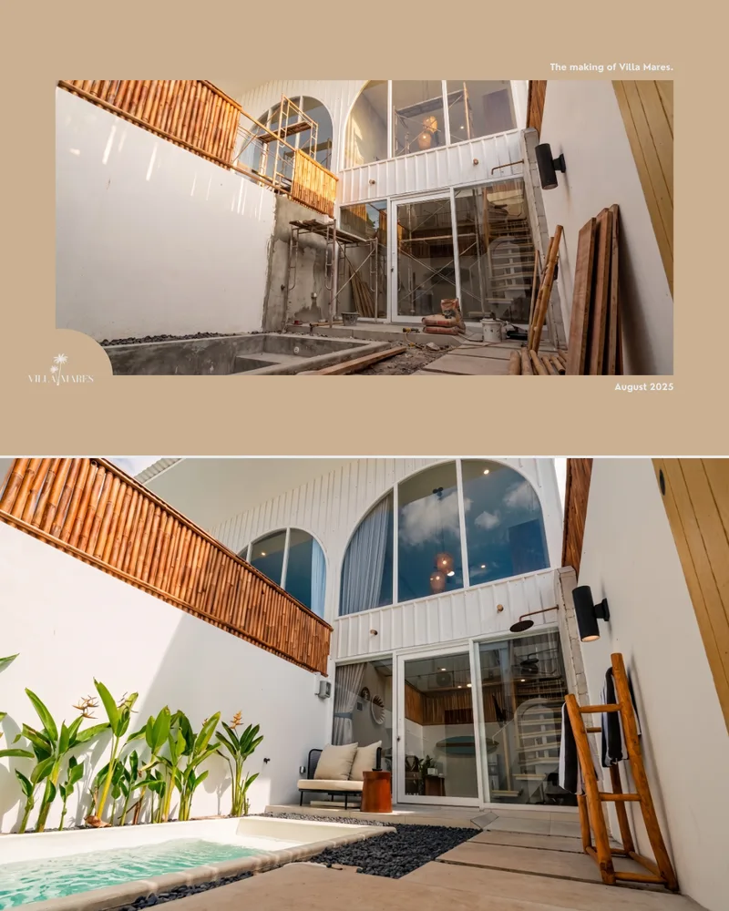 Branded carousel slide, The making of Villa Mares, pairing the pool courtyard under construction with the finished pool and outdoor shower