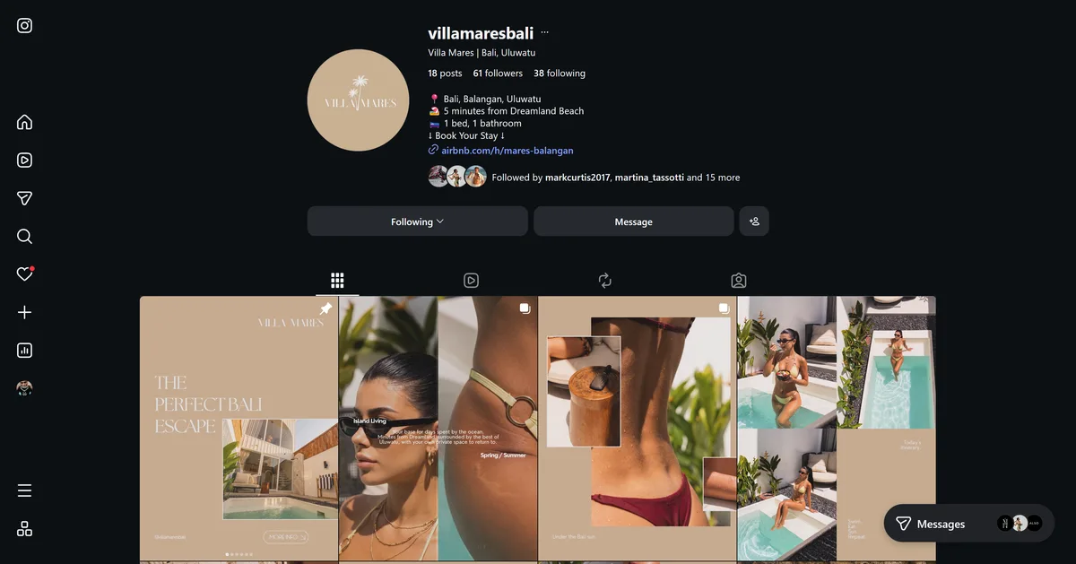 Screenshot of the finished Villa Mares Instagram profile and post grid